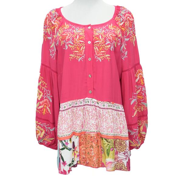 John Mark Tops - John Mark Fuchsia Embroidered Button-Front Patchwork Tunic